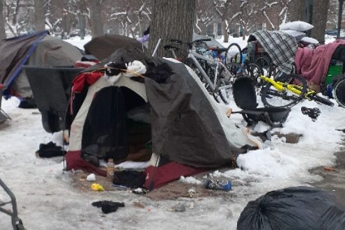 Homeless encampment tents and garbage