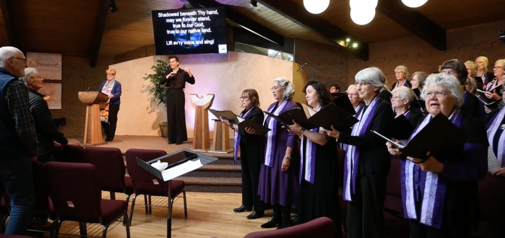 Members of our choir sing, facing the congregation, during our 2026 Sunday Music Sunday.